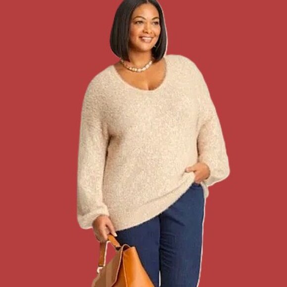 AVA & VIV Women's Chenille Mohair V-Neck Cream/Blush - Size 1X - Picture 2 of 12